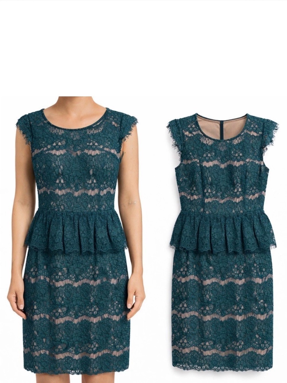 Maeve Anthropologie Teal Green Cap Sleeve Lace Peplum Waist Party Dress Size M